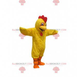 Mascotte di pollo giallo super felice. Costume da pollo -