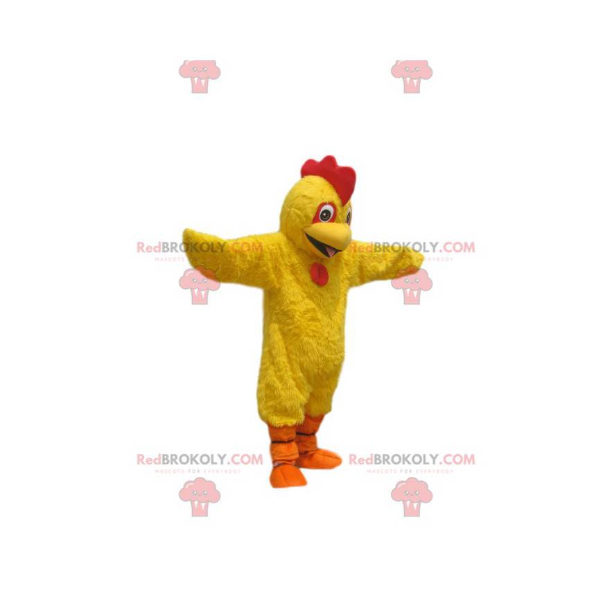 Mascota de pollo amarillo super feliz. Disfraz de pollo -