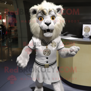 Silver Tamer Lion mascot costume character dressed with a Mini Dress and Lapel pins