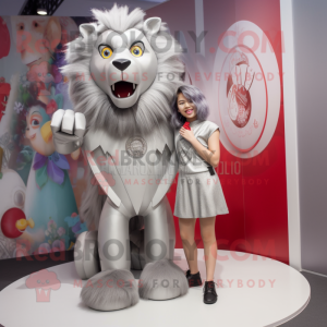 Silver Tamer Lion mascot costume character dressed with a Mini Dress and Lapel pins