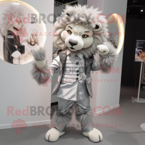 Silver Tamer Lion mascot costume character dressed with a Mini Dress and Lapel pins