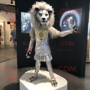 Silver Tamer Lion mascot costume character dressed with a Mini Dress and Lapel pins