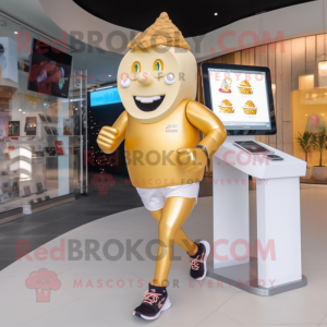 Gold Ice Cream Cone mascot costume character dressed with a Running Shorts and Smartwatches