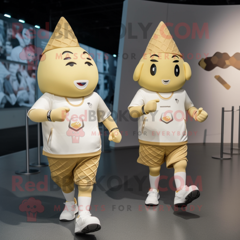 Gold Ice Cream Cone mascot costume character dressed with a Running Shorts and Smartwatches Gold Ice Cream Cone mascot costume character dressed with a Running Shorts and Smartwatches
