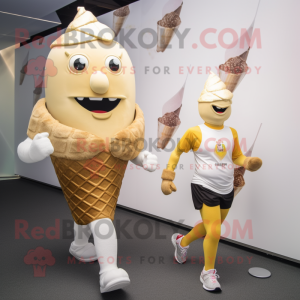 Gold Ice Cream Cone mascot costume character dressed with a Running Shorts and Smartwatches