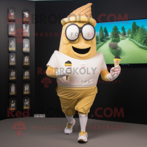 Gold Ice Cream Cone mascot costume character dressed with a Running Shorts and Smartwatches