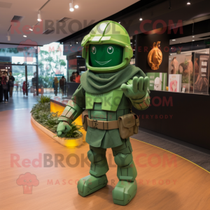 Green Spartan Soldier mascot costume character dressed with a Raincoat and Coin purses