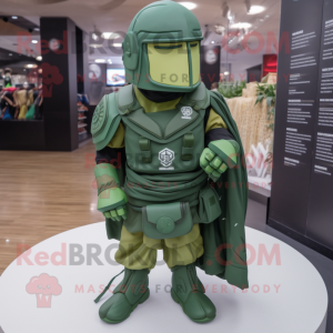 Green Spartan Soldier mascot costume character dressed with a Raincoat and Coin purses