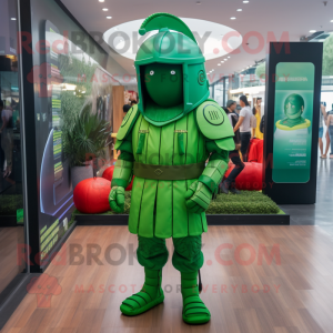 Green Spartan Soldier mascot costume character dressed with a Raincoat and Coin purses