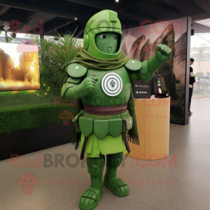 Green Spartan Soldier mascot costume character dressed with a Raincoat and Coin purses