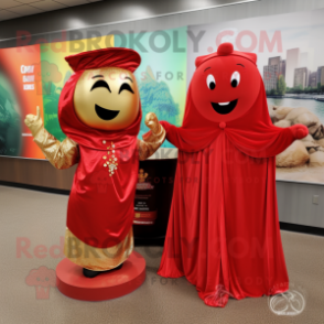 Red Pot Of Gold mascot costume character dressed with a Evening Gown and Wraps