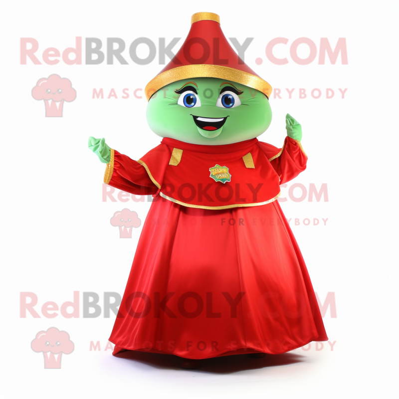 Red Pot Of Gold mascot costume character dressed with a Evening Gown and Wraps Red Pot Of Gold mascot costume character dressed with a Evening Gown and Wraps