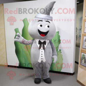 Gray Radish mascot costume character dressed with a Sheath Dress and Ties
