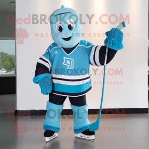 Cyan Ice Hockey Stick mascot costume character dressed with a Hoodie and Headbands