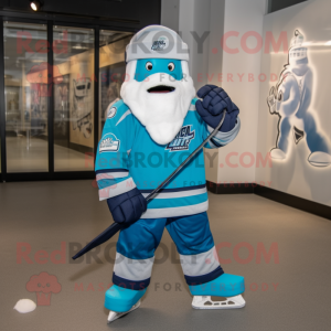 Cyan Ice Hockey Stick mascot costume character dressed with a Hoodie and Headbands