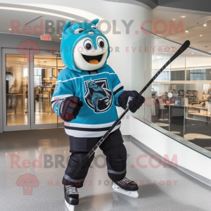 Cyan Ice Hockey Stick mascot costume character dressed with a Hoodie and Headbands