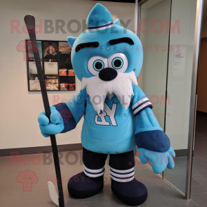 Cyan Ice Hockey Stick mascot costume character dressed with a Hoodie and Headbands