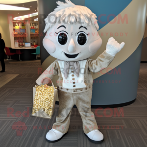 Silver Pop Corn mascot costume character dressed with a Corduroy Pants and Handbags