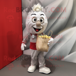 Silver Pop Corn mascot costume character dressed with a Corduroy Pants and Handbags