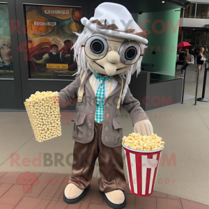 Silver Pop Corn mascot costume character dressed with a Corduroy Pants and Handbags