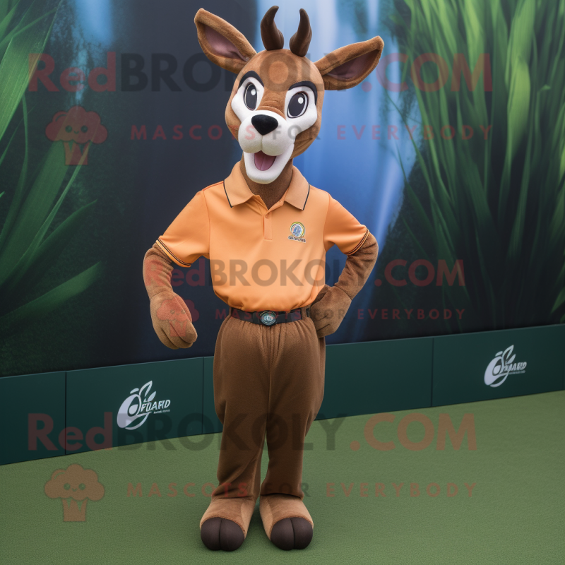 Brown Gazelle mascot costume character dressed with a Polo Shirt and Wraps Brown Gazelle mascot costume character dressed with a Polo Shirt and Wraps