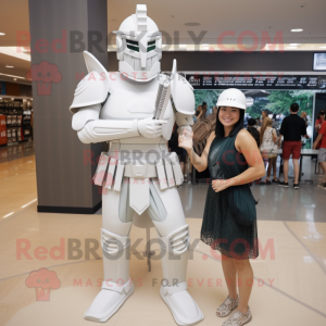 White Spartan Soldier mascot costume character dressed with a Midi Dress and Watches