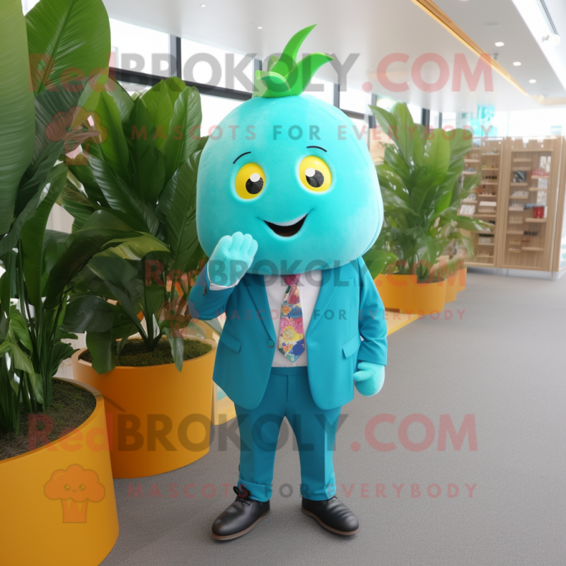 Turquoise Mango mascot costume character dressed with a Suit and Hair clips