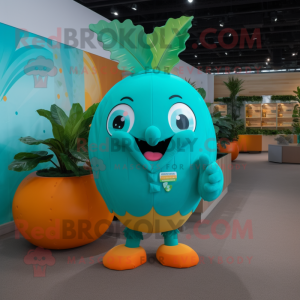 Turquoise Mango mascot costume character dressed with a Suit and Hair clips