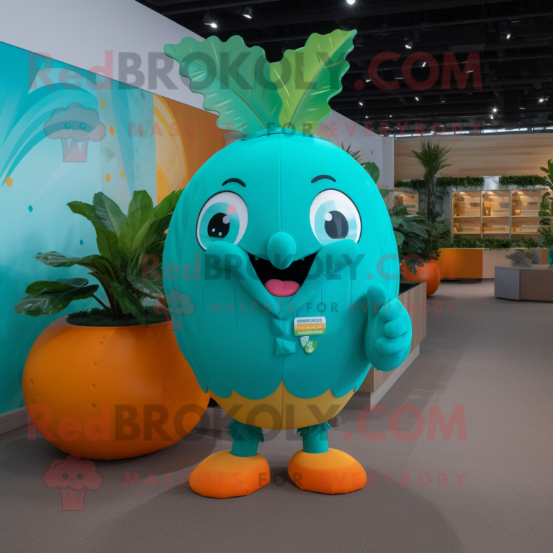 Turquoise Mango mascot costume character dressed with a Suit and Hair clips Turquoise Mango mascot costume character dressed with a Suit and Hair clips