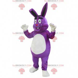 Mascotte de lapin violet très heureux. Costume de lapin -