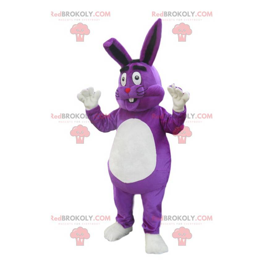 Mascote coelho roxo muito feliz. Fantasia de coelhinho -