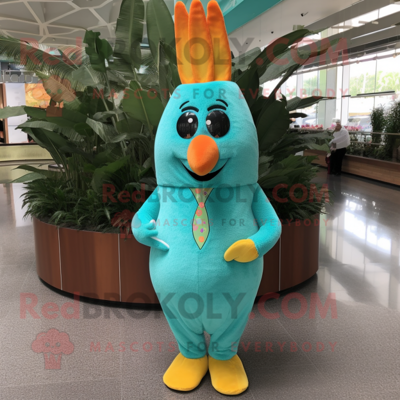 Turquoise Mango mascot costume character dressed with a Suit and Hair clips