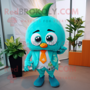 Turquoise Mango mascot costume character dressed with a Suit and Hair clips