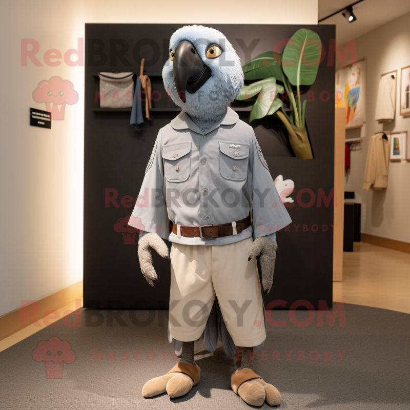 Gray Parrot mascot costume character dressed with a Chinos and Shoe clips