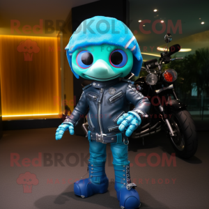 Cyan Rainbow mascot costume character dressed with a Biker Jacket and Wraps