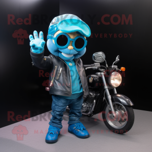 Cyan Rainbow mascot costume character dressed with a Biker Jacket and Wraps