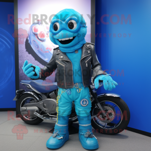 Cyan Rainbow mascot costume character dressed with a Biker Jacket and Wraps