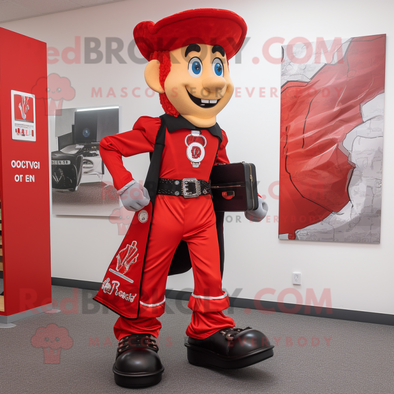 Red Irish Dancer mascot costume character dressed with a Bootcut Jeans and Briefcases Red Irish Dancer mascot costume character dressed with a Bootcut Jeans and Briefcases