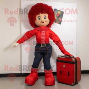 Red Irish Dancer mascot costume character dressed with a Bootcut Jeans and Briefcases