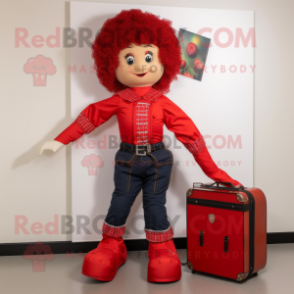Red Irish Dancer mascot costume character dressed with a Bootcut Jeans and Briefcases