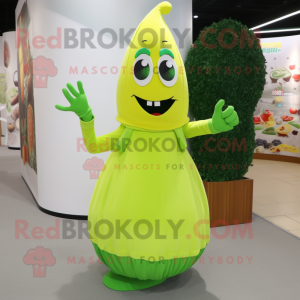 Lemon Yellow Green Bean mascot costume character dressed with a Midi Dress and Gloves