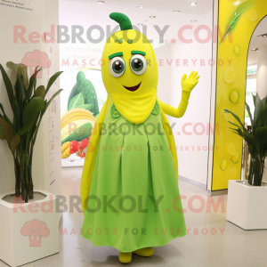 Lemon Yellow Green Bean mascot costume character dressed with a Midi Dress and Gloves