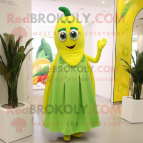 Lemon Yellow Green Bean mascot costume character dressed with a Midi Dress and Gloves