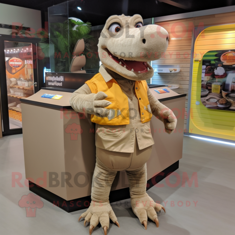 Tan Crocodile mascot costume character dressed with a Mini Skirt and Mittens Tan Crocodile mascot costume character dressed with a Mini Skirt and Mittens