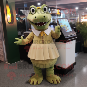 Tan Crocodile mascot costume character dressed with a Mini Skirt and Mittens