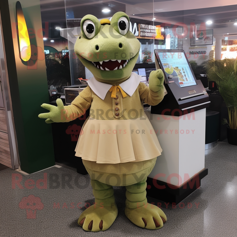 Tan Crocodile mascot costume character dressed with a Mini Skirt and Mittens Tan Crocodile mascot costume character dressed with a Mini Skirt and Mittens