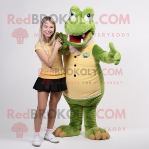 Tan Crocodile mascot costume character dressed with a Mini Skirt and Mittens