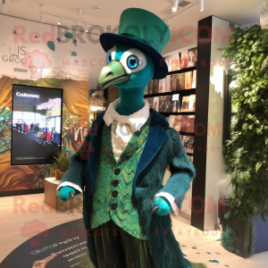 Forest Green Peacock mascot costume character dressed with a Waistcoat and Hat pins