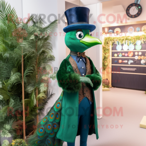 Forest Green Peacock mascot costume character dressed with a Waistcoat and Hat pins