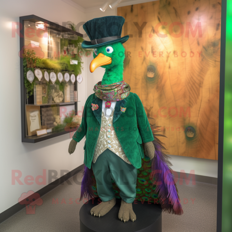 Forest Green Peacock mascot costume character dressed with a Waistcoat and Hat pins